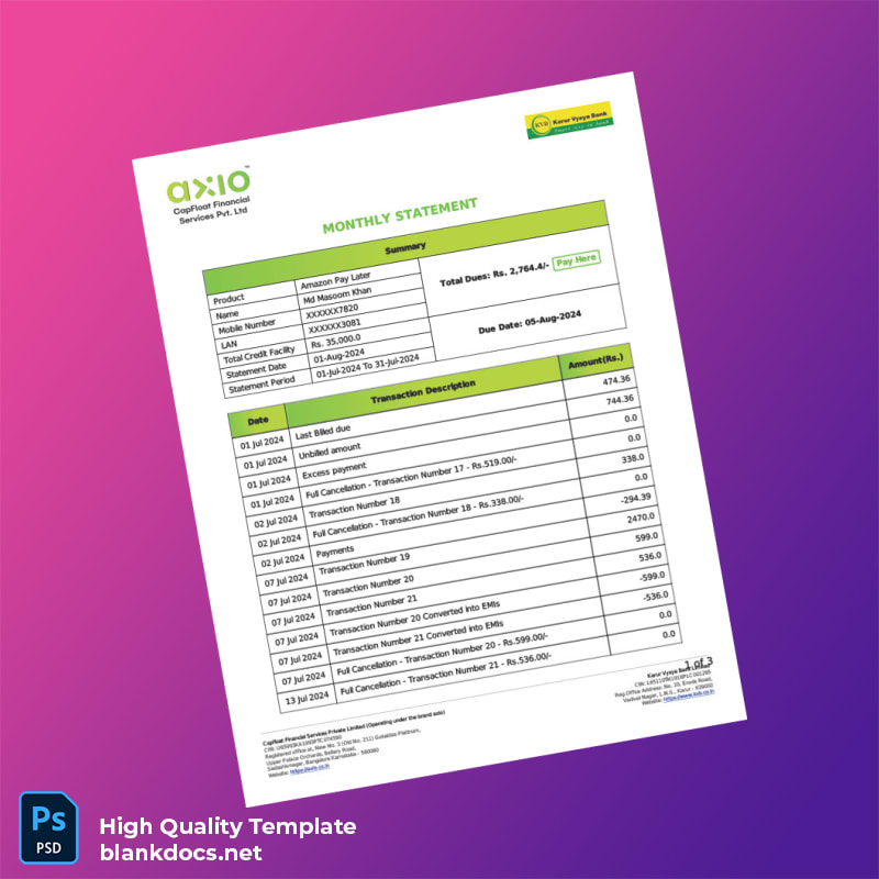 India CapFloat Bill Statement Template in Word and PDF formats