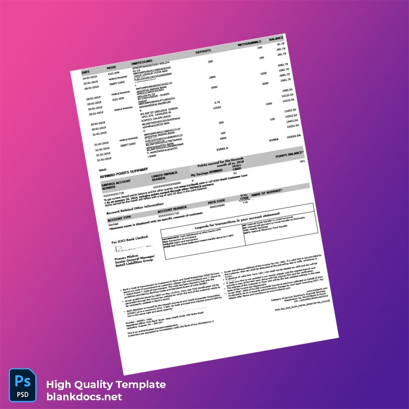 India ICICI Bank Statement Template in Word and PDF formats page 2