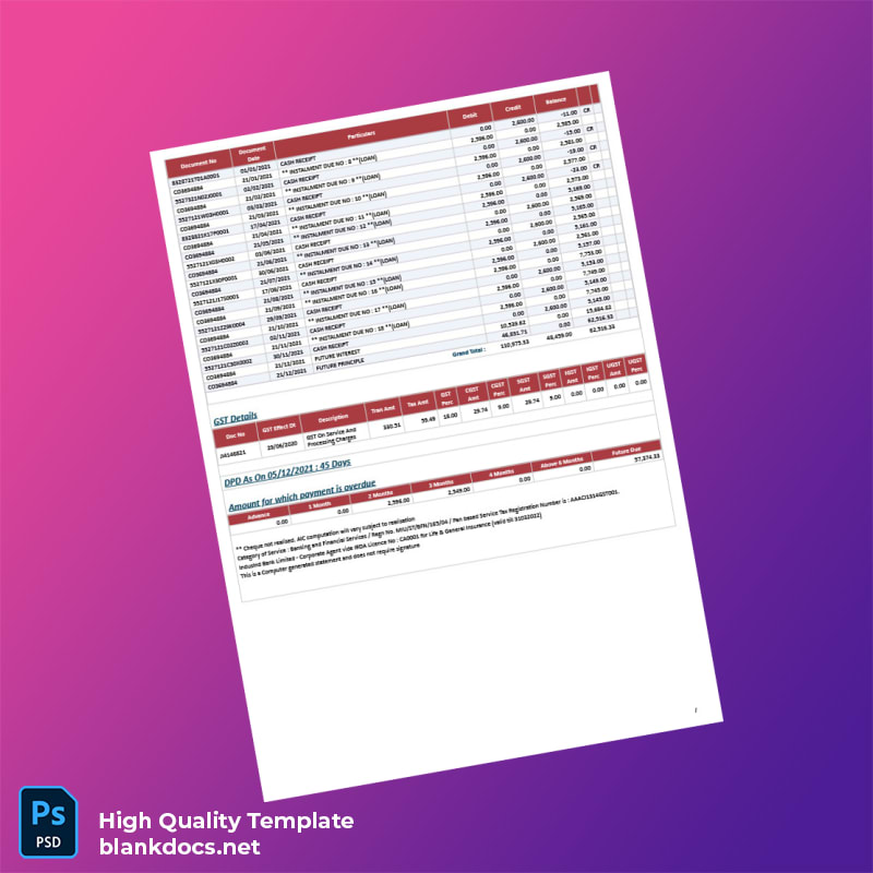 India IndusInd Bank Loan Statement Template in Word and PDF formats page 2