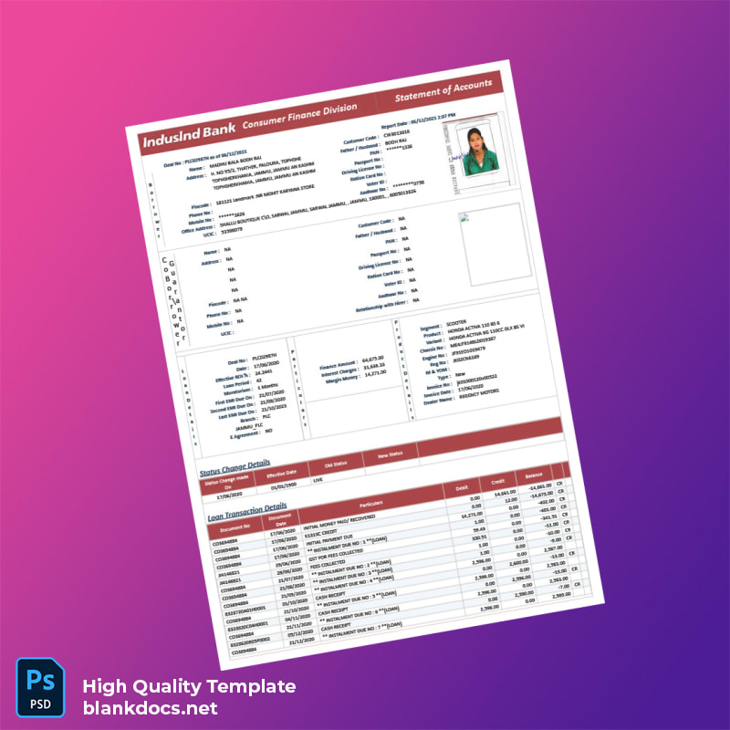 India IndusInd Bank Loan Statement Template in Word and PDF formats