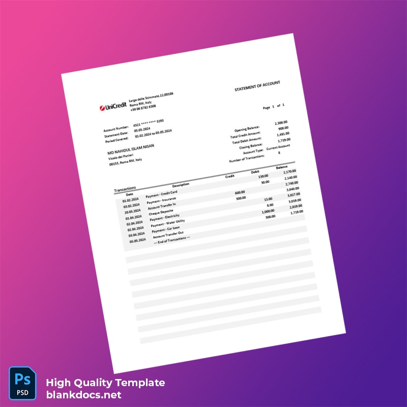 Italy Current Account Statement Template in Word and PDF formats