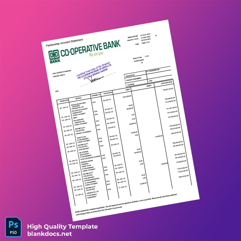 Kenya Co-operative Bank Statement Template in Word and PDF formats page 2