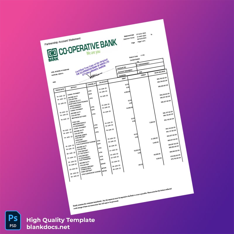 Kenya Co-operative Bank Statement Template in Word and PDF formats page 3