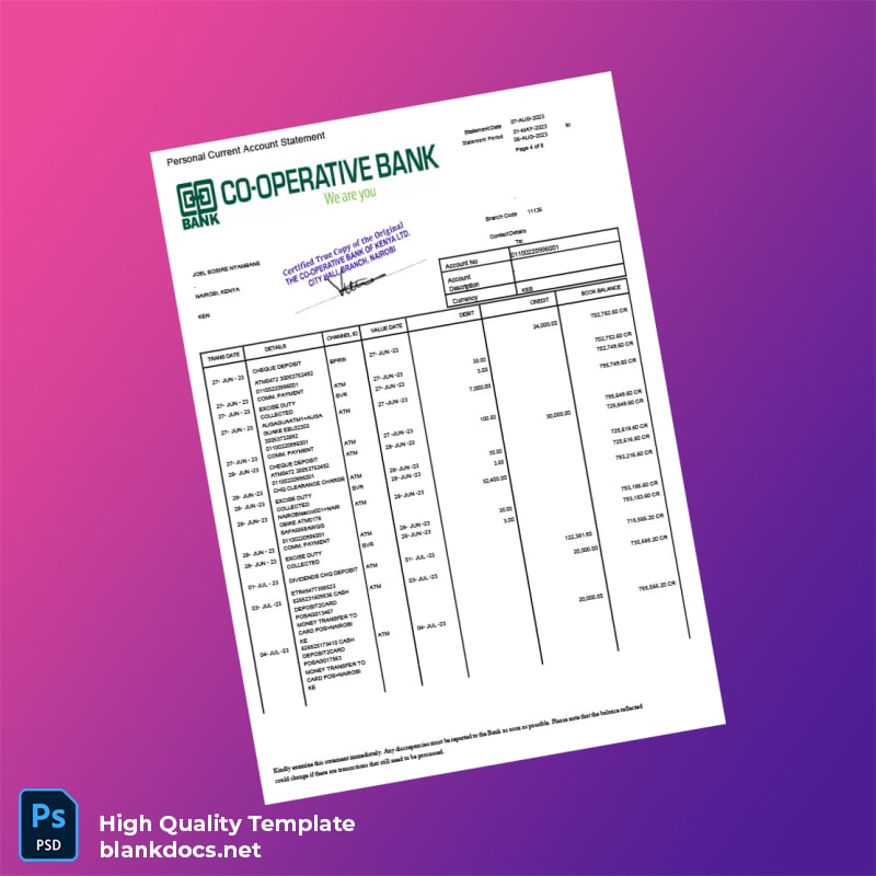 Kenya Co-operative Bank Statement Template in Word and PDF formats page 4