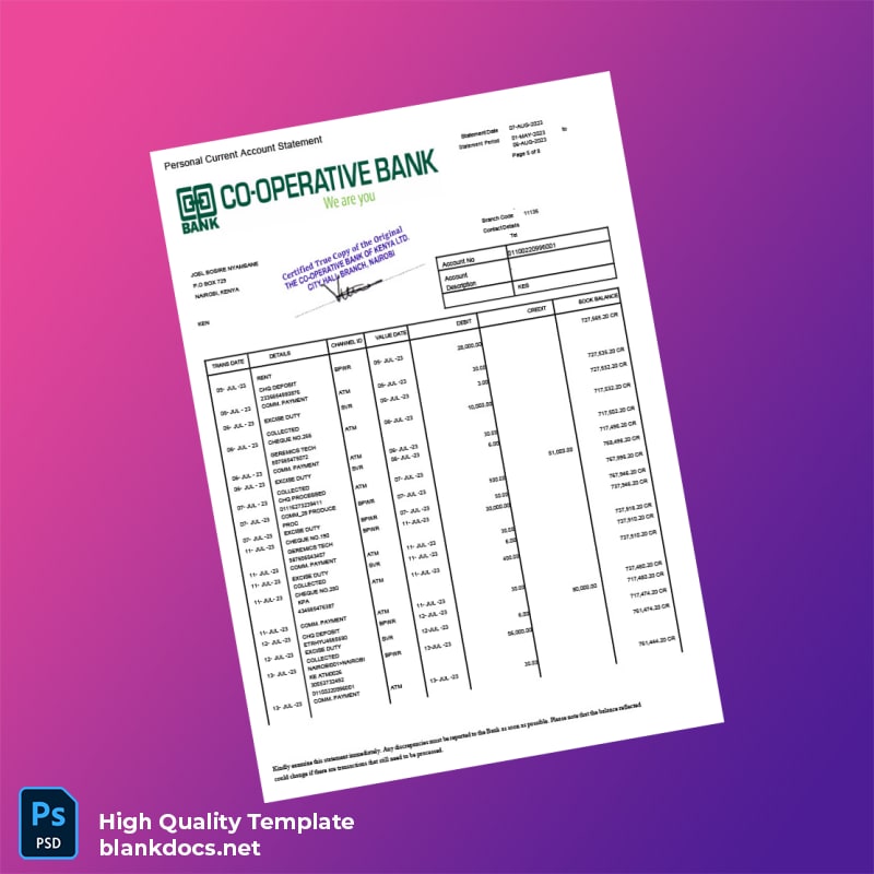 Kenya Co-operative Bank Statement Template in Word and PDF formats page 5