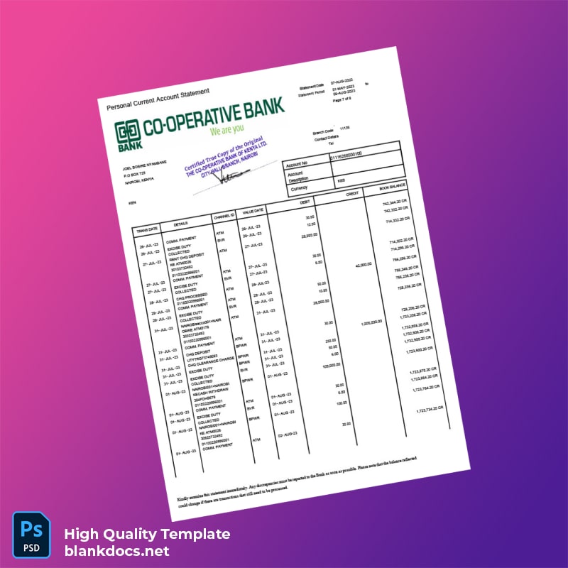 Kenya Co-operative Bank Statement Template in Word and PDF formats page 7