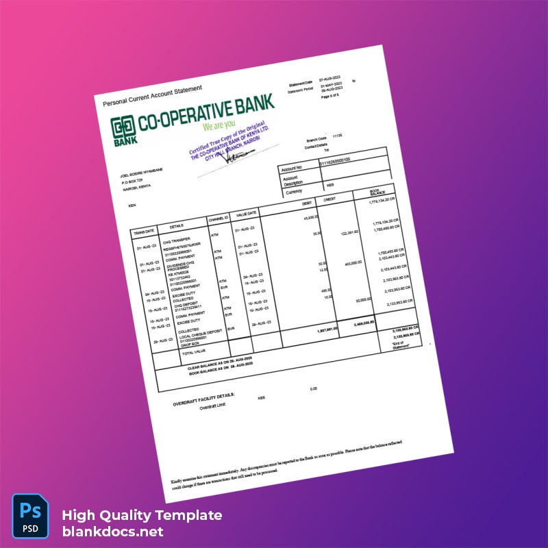 Kenya Co-operative Bank Statement Template in Word and PDF formats page 8