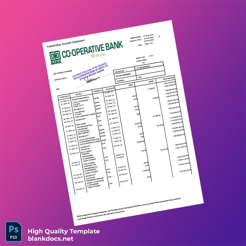 Kenya Co-operative Bank Statement Template in Word and PDF formats
