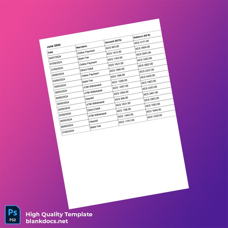 Kenya Kenya National Bank Bank Statement Template in Word and PDF formats page 4