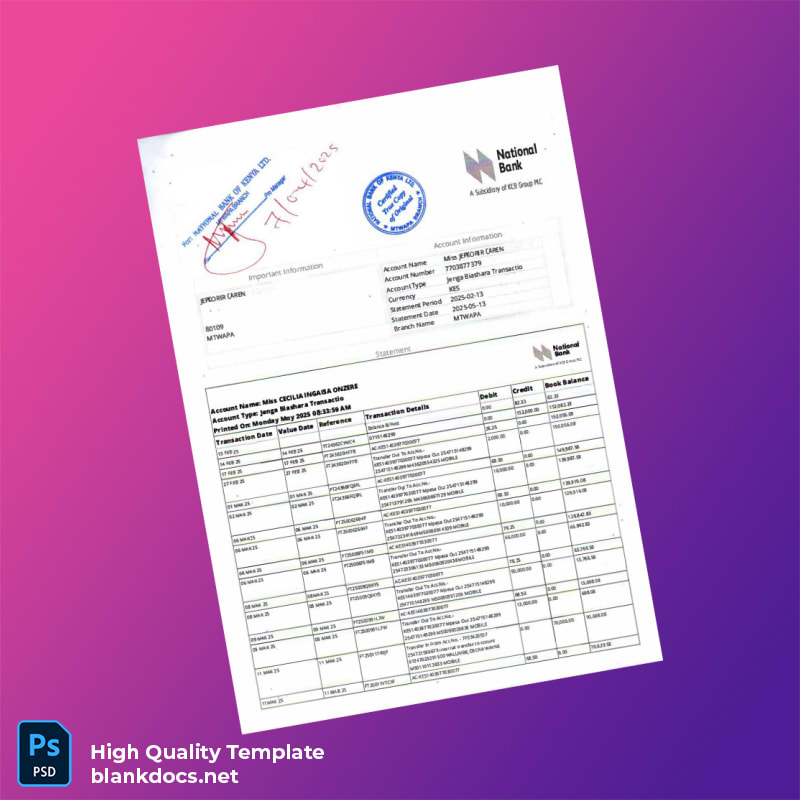 Kenya National Bank Account Statement Template in Word and PDF formats