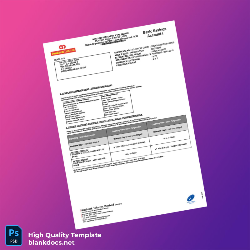 Malaysia AmBank Bank Statement Template in Word and PDF formats page 2