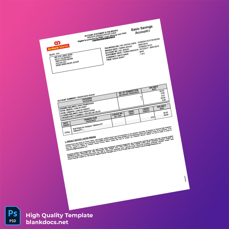 Malaysia AmBank Bank Statement Template in Word and PDF formats