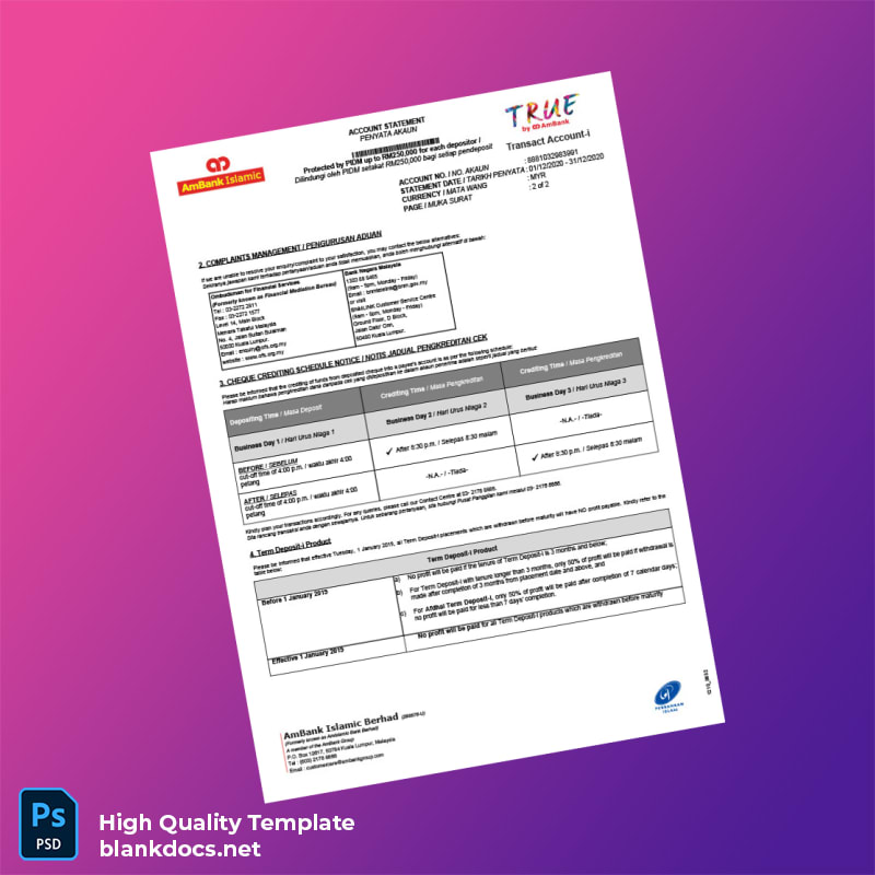 Malaysia AmBank E-Statement Template in Word and PDF formats page 2