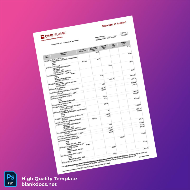 Malaysia Bank Islam Bank Statement Template in Word and PDF formats page 2