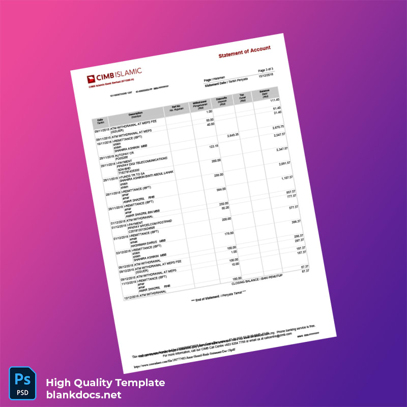 Malaysia Bank Islam Bank Statement Template in Word and PDF formats page 3