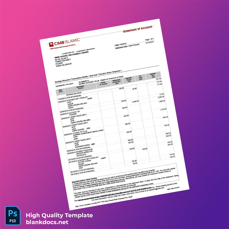 Malaysia Bank Islam Bank Statement Template in Word and PDF formats