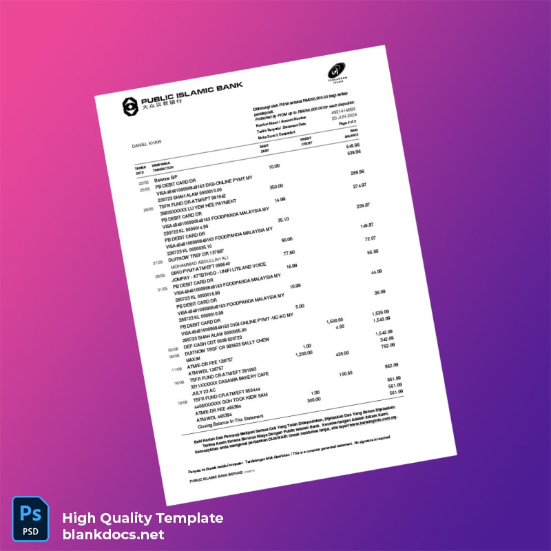 Malaysia Public Islamic Bank Berhad Bank Statement Template in Word and PDF formats page 2
