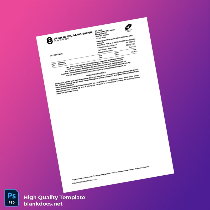 Malaysia Public Islamic Bank Berhad Bank Statement Template in Word and PDF formats page 3