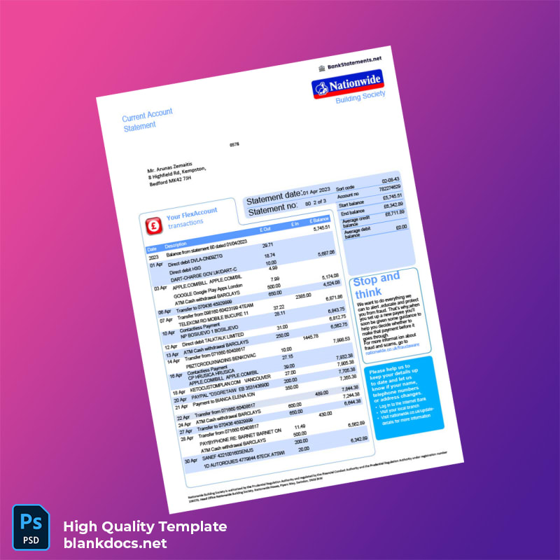 Malta NBS Bank Statement Template in Word and PDF formats