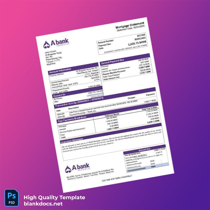 Myanmar A Bank Mortgage Statement Template in Word and PDF formats