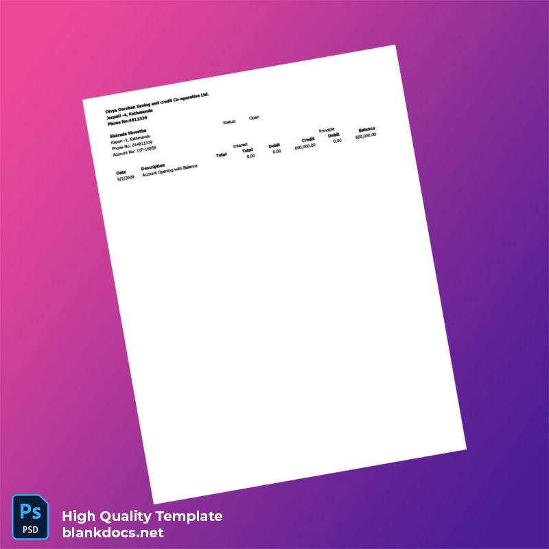 Nepal Divya Darshan Saving And Credit Co-Operative Ltd Bank Statement Template in Word and PDF formats