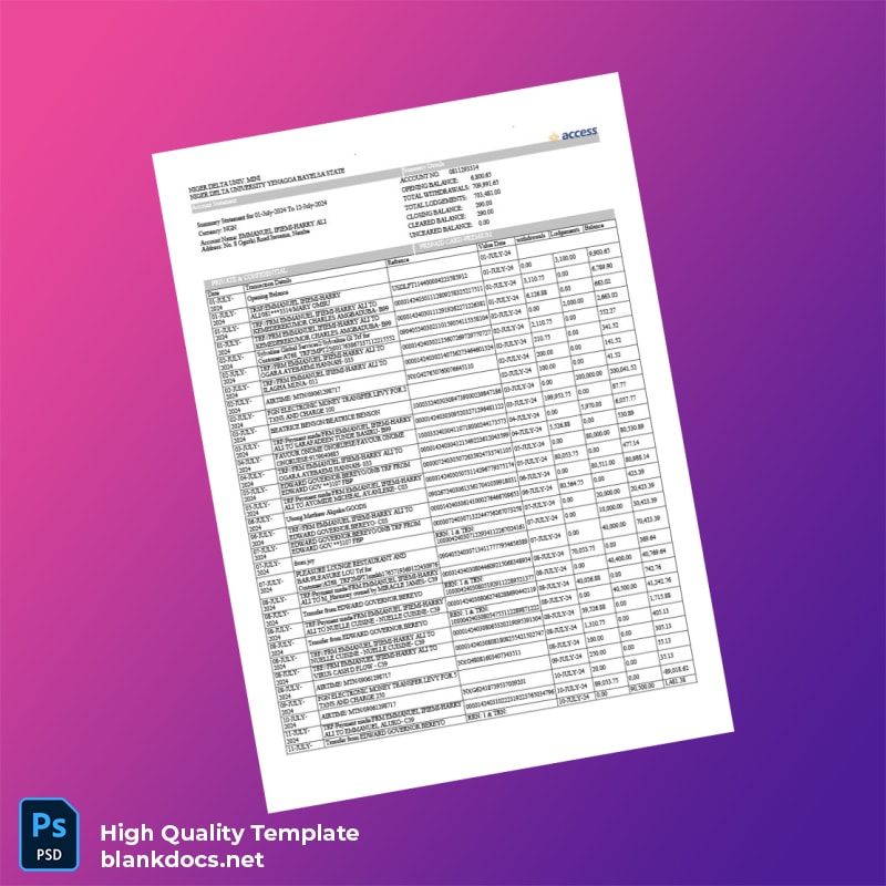 Nigeria Access Bank Bank Statement Template in Word and PDF formats