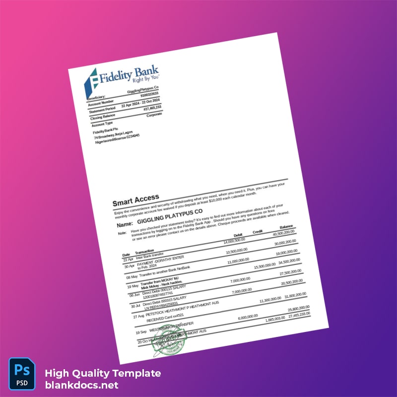 Nigeria Fidelity Bank Statement Template in Word and PDF formats