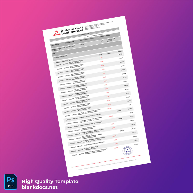 Oman Muscat Bank Statement Template in Word and PDF formats page 2