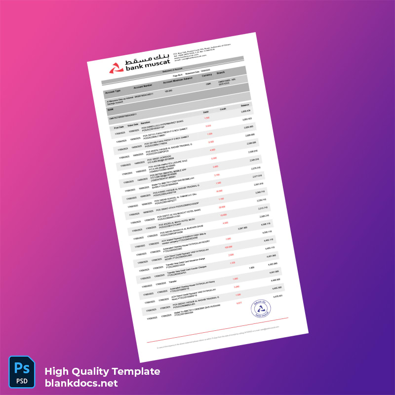 Oman Muscat Bank Statement Template in Word and PDF formats page 6