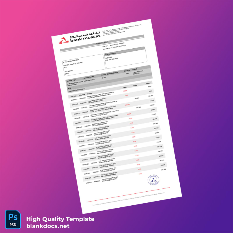 Oman Muscat Bank Statement Template in Word and PDF formats