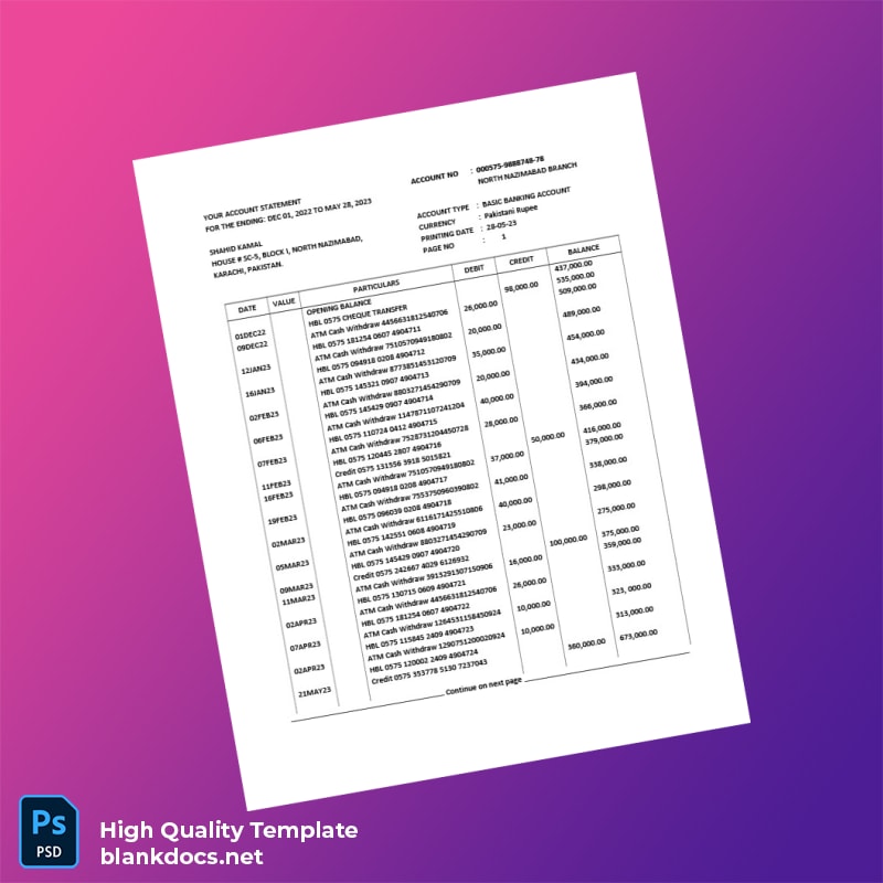 Pakistan HBL Basic Banking Account Statement Template in Word and PDF formats page 2