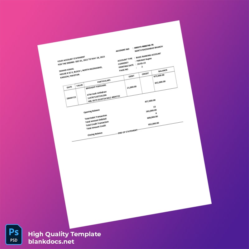 Pakistan HBL Basic Banking Account Statement Template in Word and PDF formats page 3