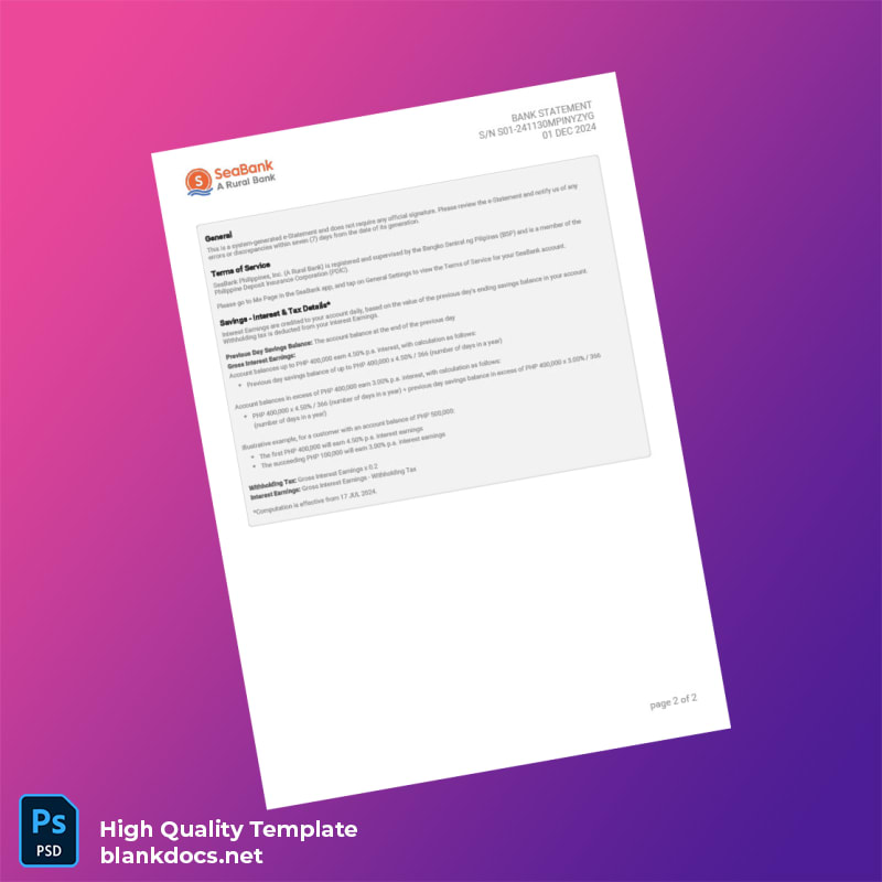 Philippines SeaBank Statement Template in Word and PDF formats page 2