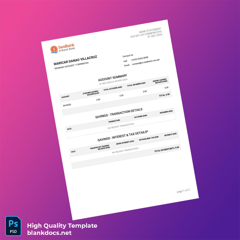 Philippines SeaBank Statement Template in Word and PDF formats