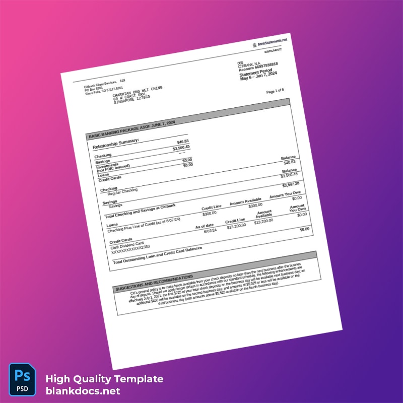 Singapore Citibank Account Statement Template in Word and PDF formats