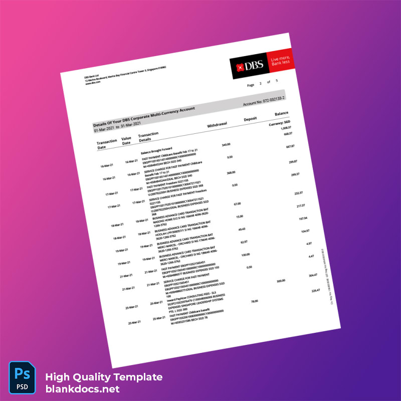 Singapore DBS Account Statement Template in Word and PDF formats page 2