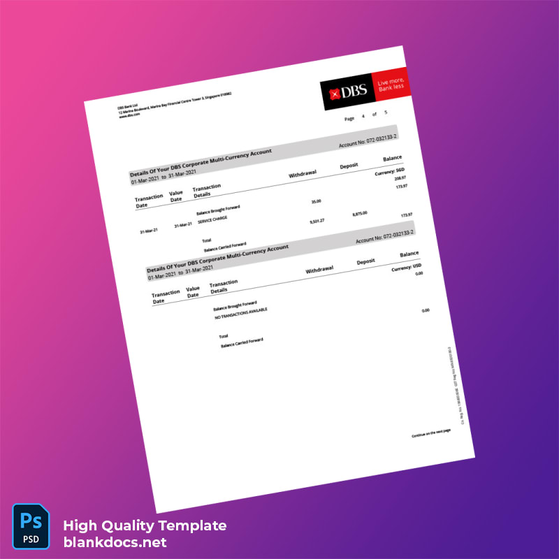 Singapore DBS Account Statement Template in Word and PDF formats page 4