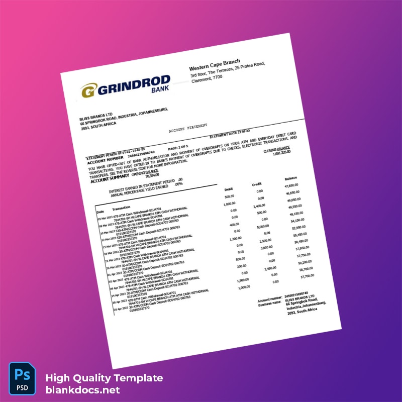 South Africa Bank Grindord Statement Template in Word and PDF formats page 2