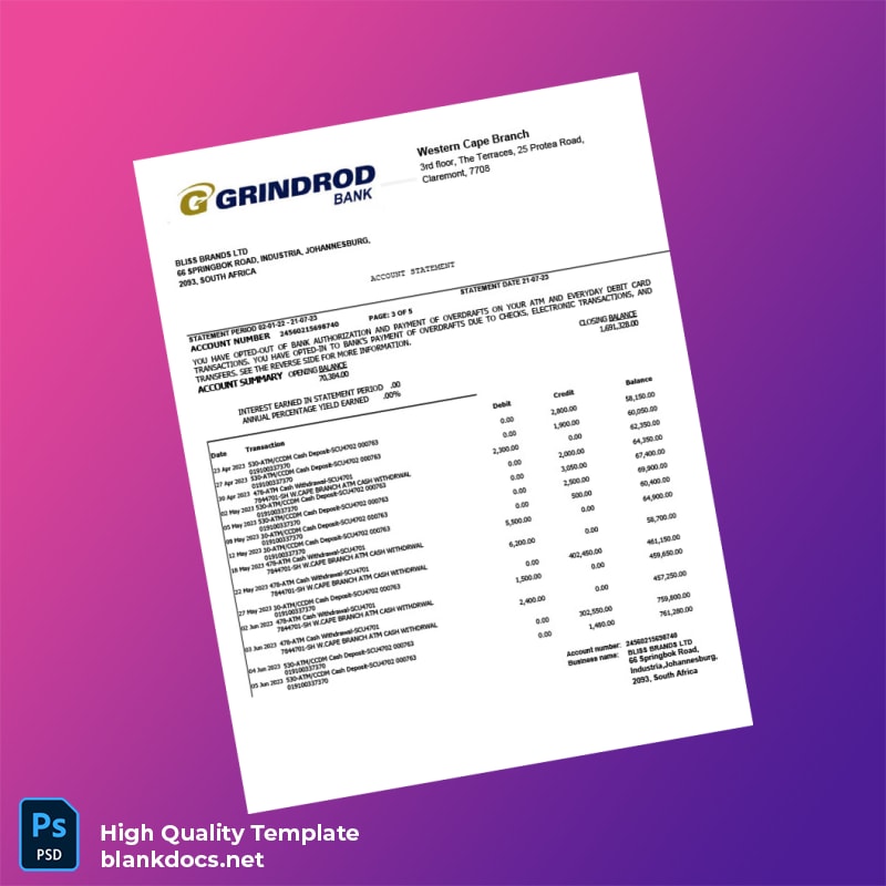 South Africa Bank Grindord Statement Template in Word and PDF formats page 3