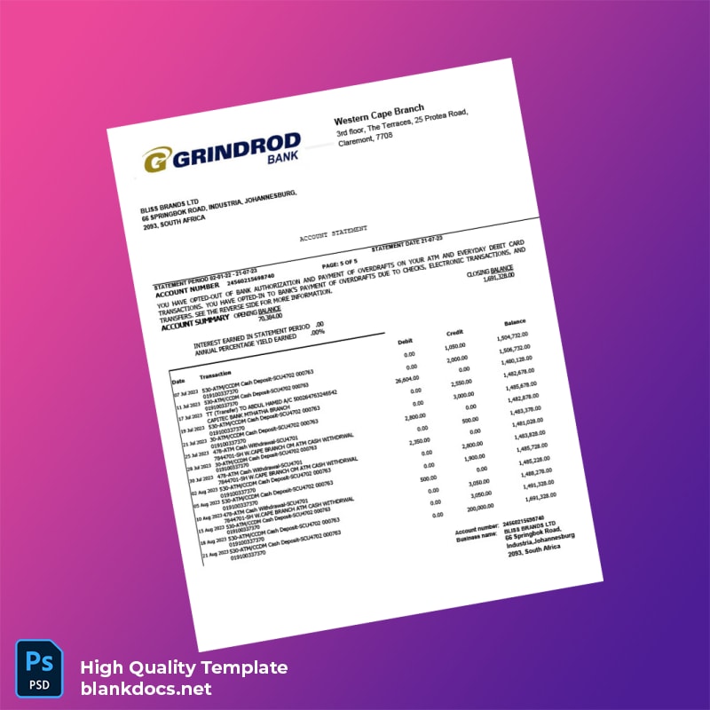 South Africa Bank Grindord Statement Template in Word and PDF formats page 5