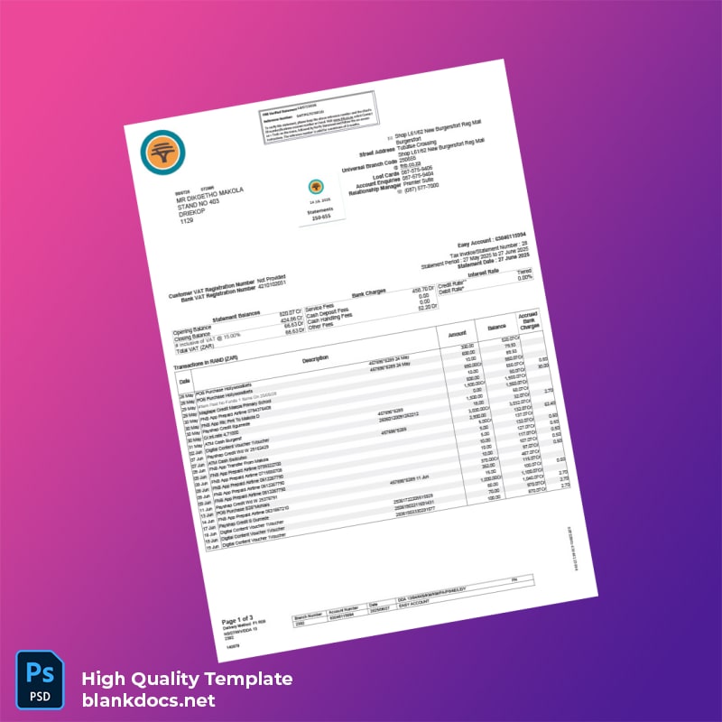 South Africa Easy Account Bank Statement Template in Word and PDF formats