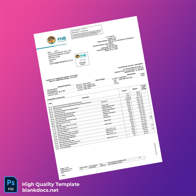 South Africa FNB Bank Statement Template in Word and PDF formats