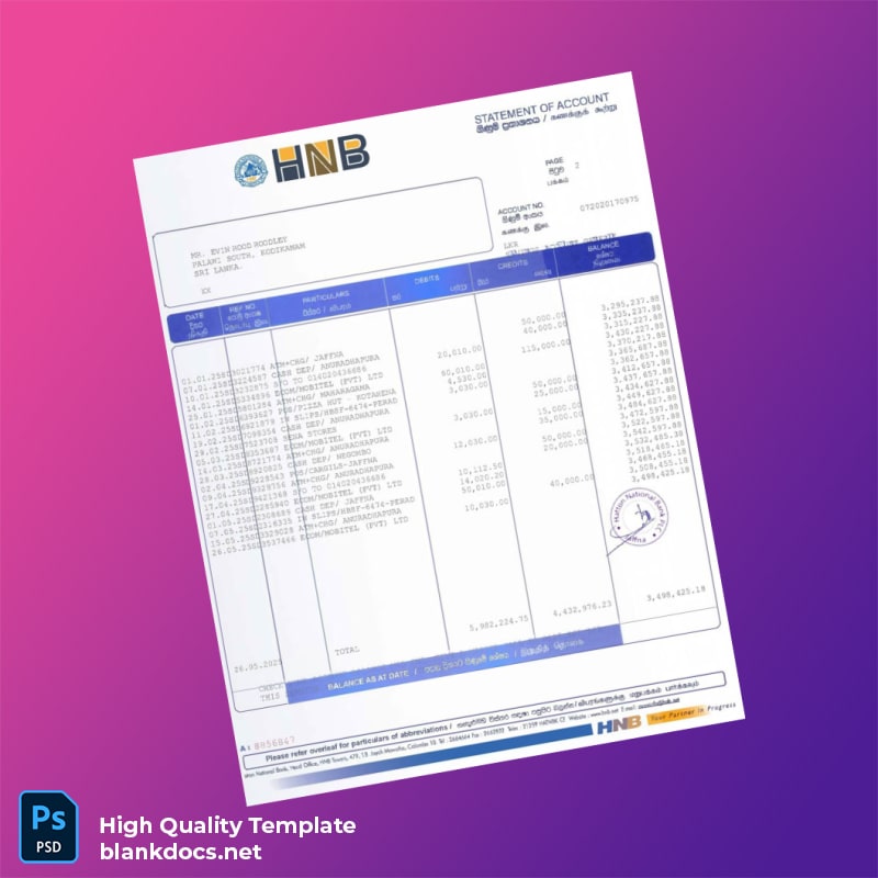 Sri Lanka HNB Bank Statement Template in Word and PDF formats page 2