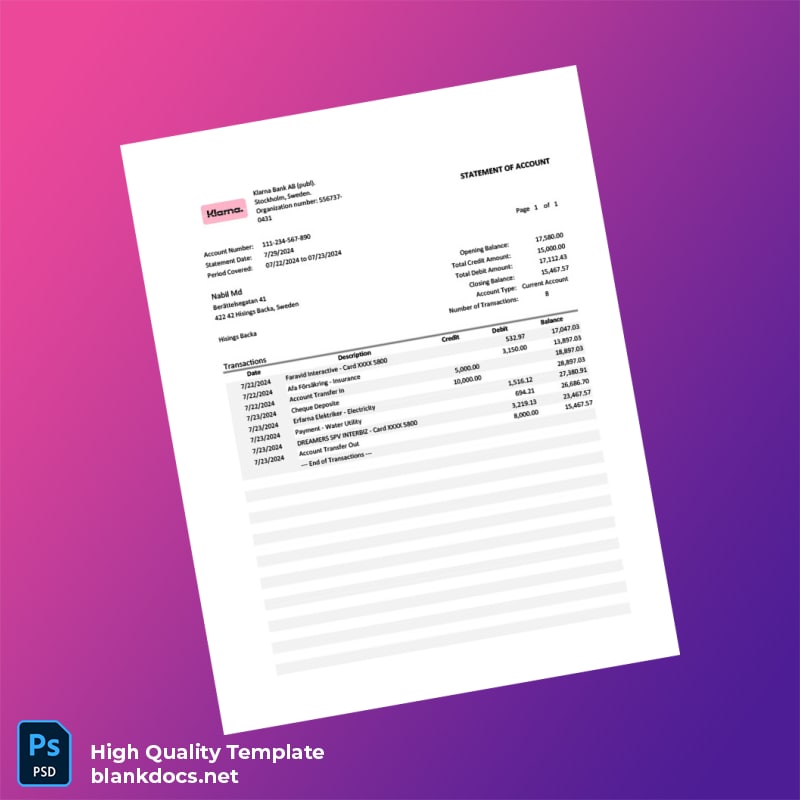 Sweden KLARNA Bank Statement Template in Word and PDF formats