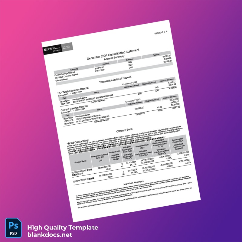 Taiwan DBS Bank Statement Template in Word and PDF formats page 2