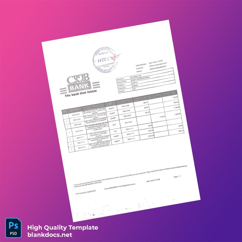 Tanzania CRDB Bank Statement Template in Word and PDF formats