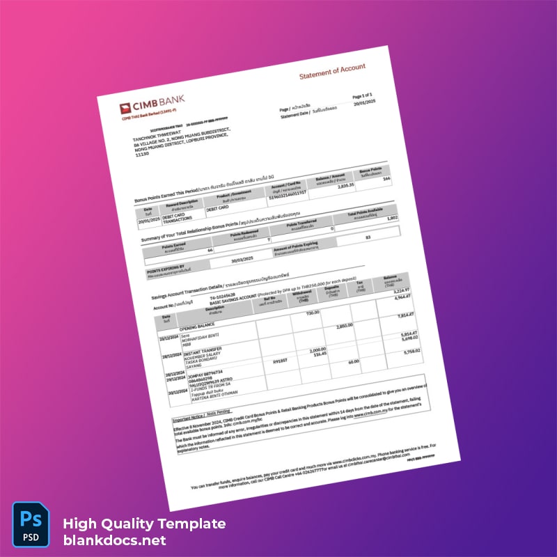 Thailand CIMB Bank Statement Template in Word and PDF formats
