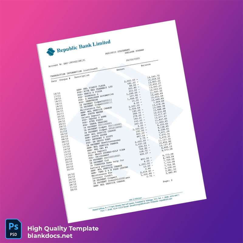 Trinidad and Tobago Republic Bank Statement Template in Word and PDF formats page 2