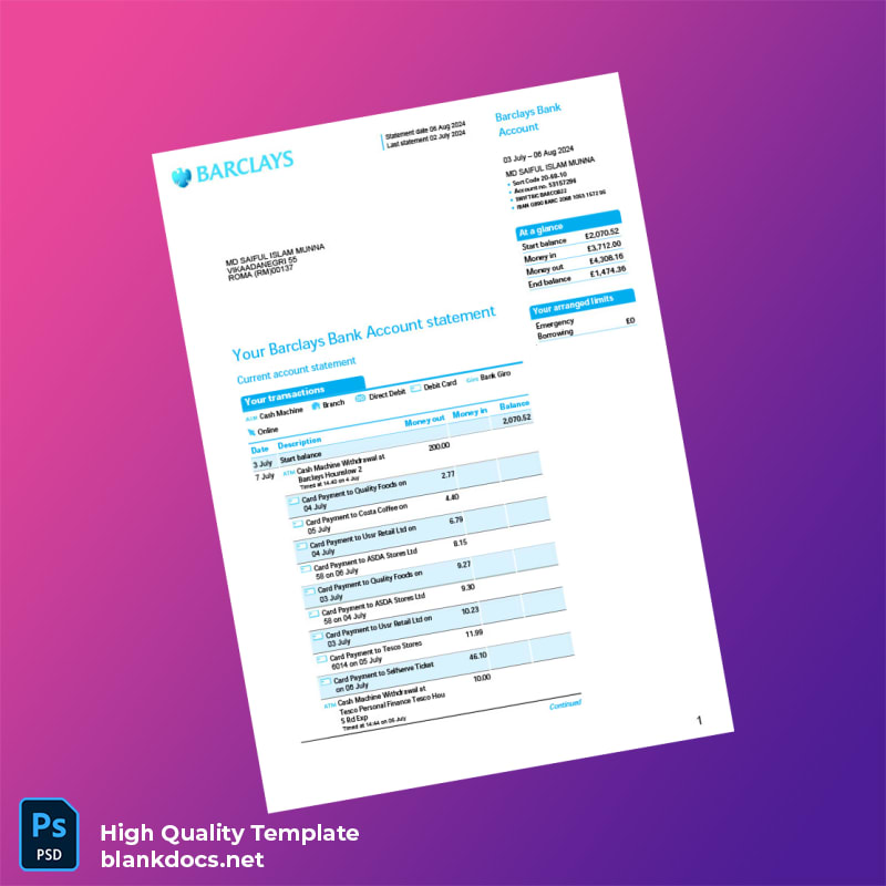 UK Barclays Bank Statement Template in Word and PDF formats
