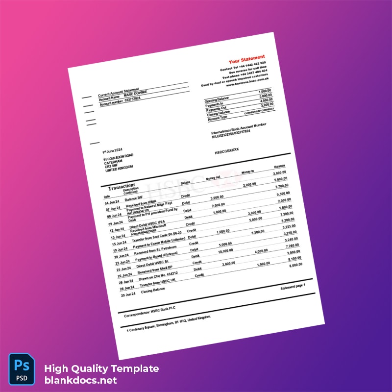 UK HSBC Bank Statement Template in Word and PDF formats